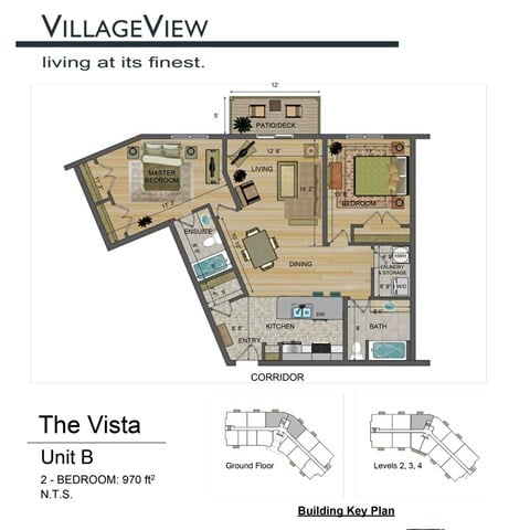 Floor plan for 2 beds, 2 baths, 970 sqft